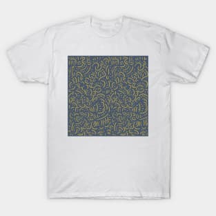 Simple graphic pattern with short lines, yellow on blue T-Shirt